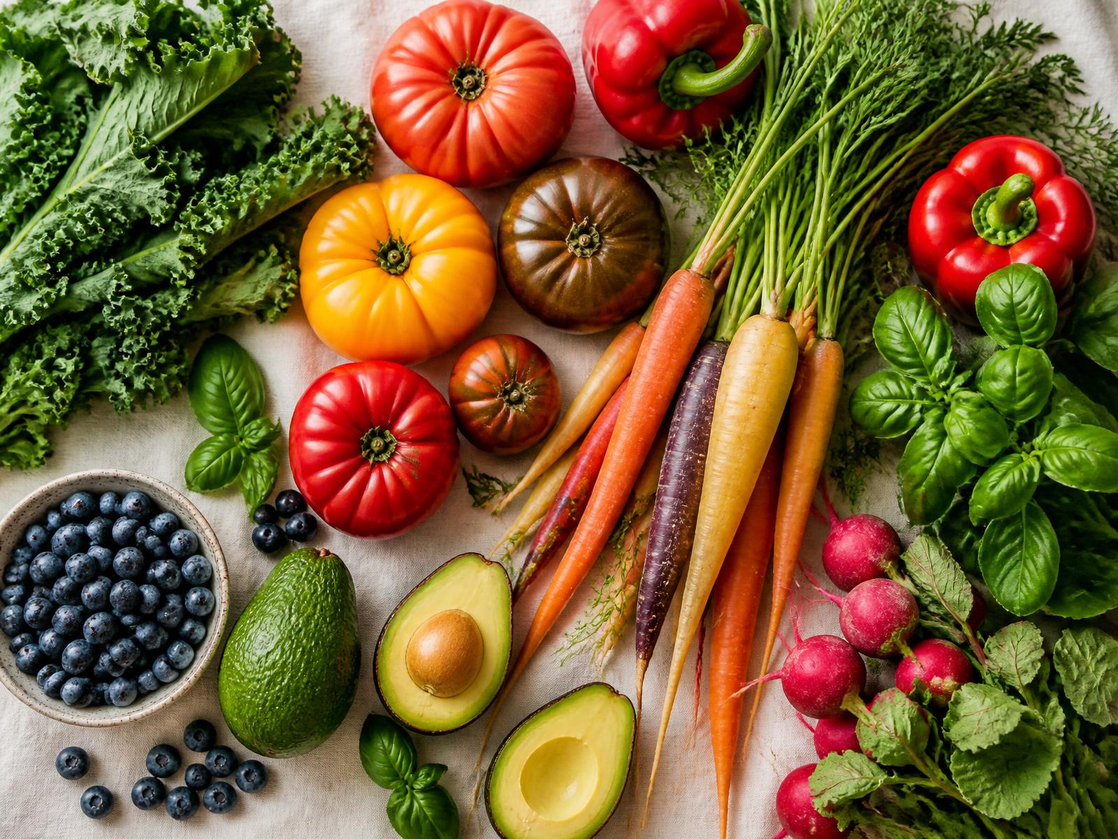 Overhead shot of fresh vegetables and fruits
